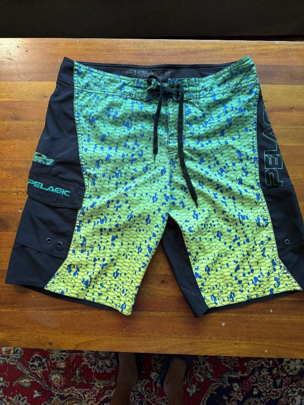 Pelagic Performance Fishing Board Shorts Black Green Fish Scale Men's 32
